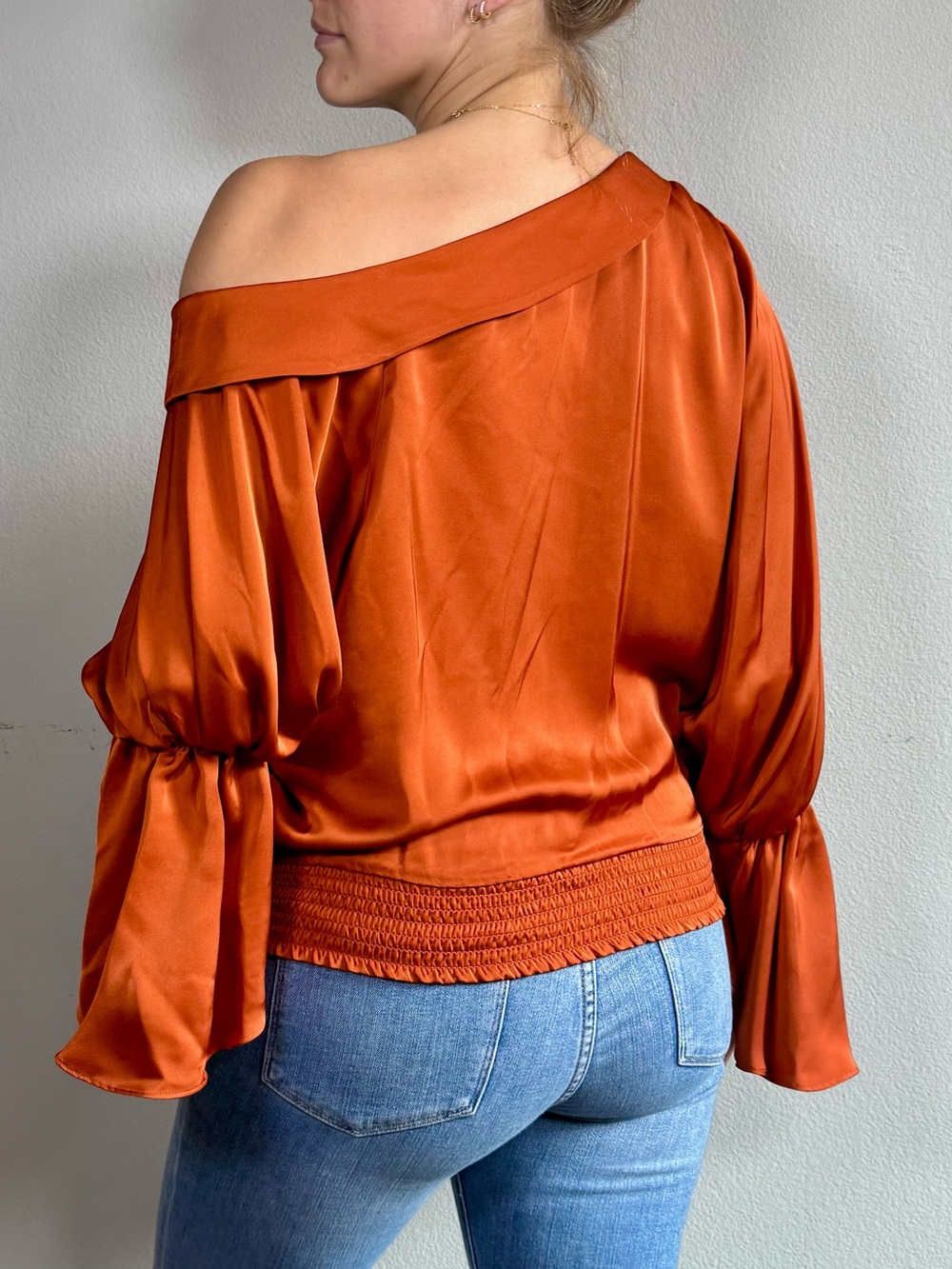 Ramy Brook One-Shoulder Satin Blouse in Burnt Orange